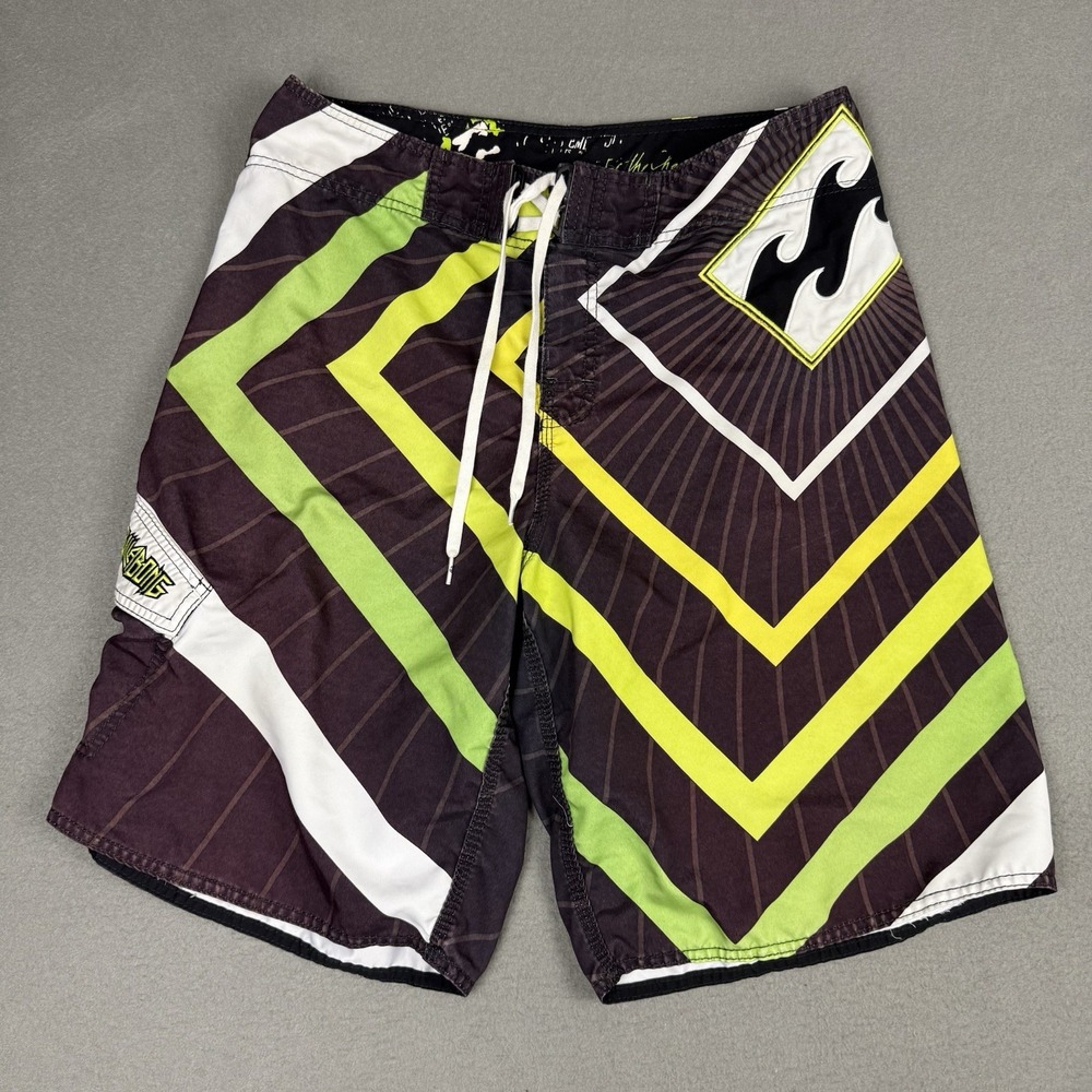 Y2K Surf Billabong Boardshorts Eco Supreme 34 Green Yellow Black White Stripe